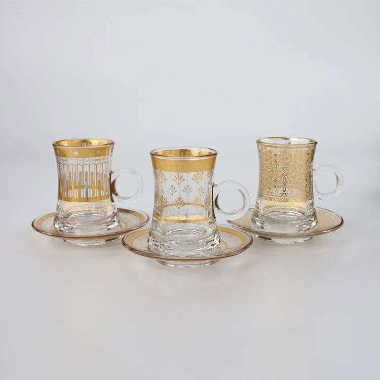 12 Pcs Elegant Reusable Arabic Coffee Cup Glass Teacup Sets - 6 Cups 6 Saucers - Perfect for Business Gifts, Holidays, Restaurants, Sustainable Handmade Design for Dining Room, Patio, Office, and Living Room - Grand Goldman