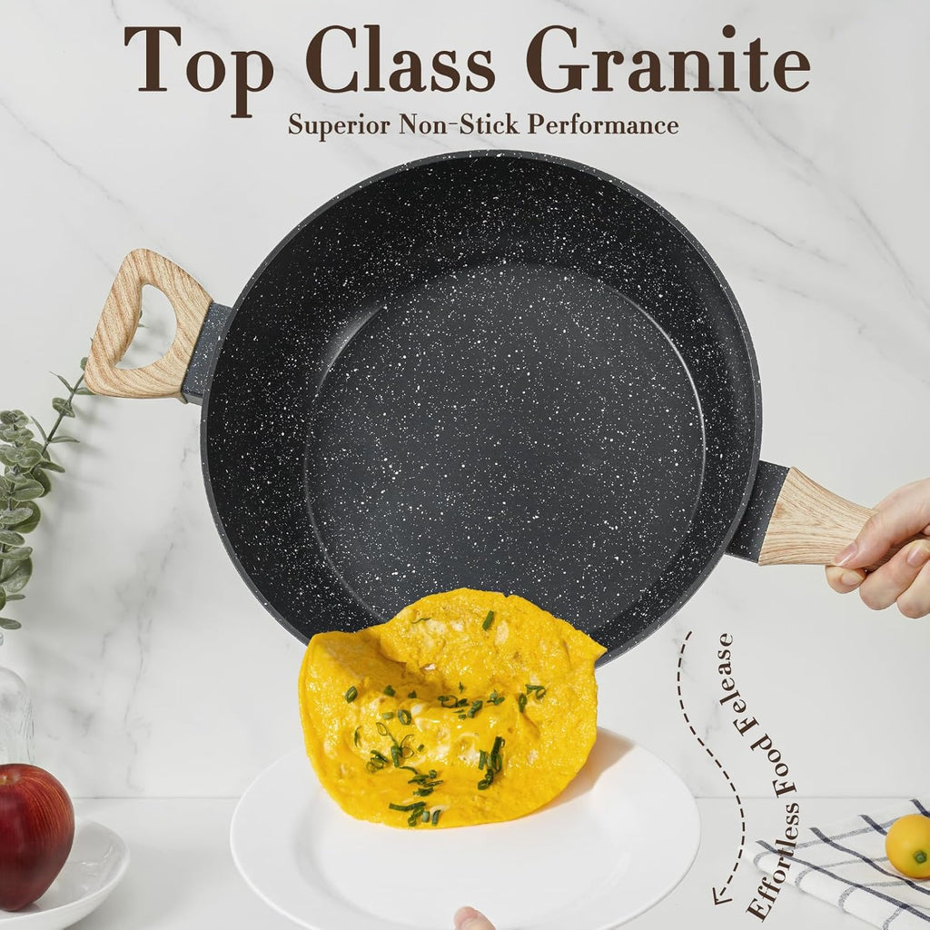 12 Pcs Pots and Pans Set Non Stick Kitchen Cookware Sets Nonstick Induction Cookware Black Granite Cooking Set with Frying Pans, Saucepans, Steamer Silicone Shovel Spoon & Tongs (NO PFOS, PFOA) - Grand Goldman