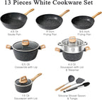 12 Pcs Pots and Pans Set Non Stick Kitchen Cookware Sets Nonstick Induction Cookware Black Granite Cooking Set with Frying Pans, Saucepans, Steamer Silicone Shovel Spoon & Tongs (NO PFOS, PFOA) - Grand Goldman