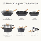 12 Pcs Pots and Pans Set Non Stick Kitchen Cookware Sets Nonstick Induction Cookware Black Granite Cooking Set with Frying Pans, Saucepans, Steamer Silicone Shovel Spoon & Tongs (NO PFOS, PFOA) - Grand Goldman
