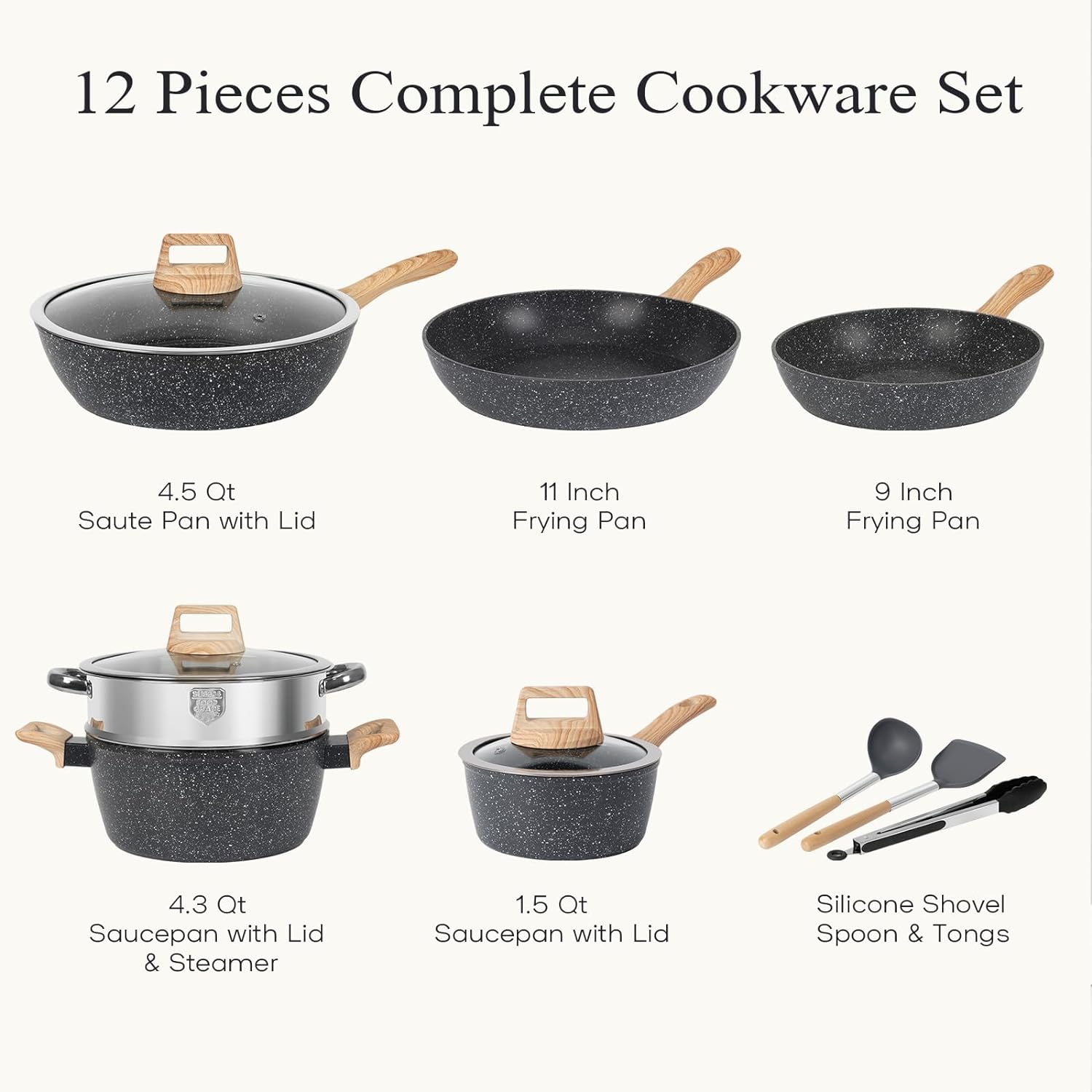 12 Pcs Pots and Pans Set Non Stick Kitchen Cookware Sets Nonstick Induction Cookware Black Granite Cooking Set with Frying Pans, Saucepans, Steamer Silicone Shovel Spoon & Tongs (NO PFOS, PFOA) - Grand Goldman