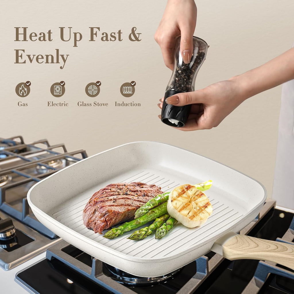 12 Pcs Pots and Pans Set Non Stick Kitchen Cookware Sets Nonstick Induction Cookware Black Granite Cooking Set with Frying Pans, Saucepans, Steamer Silicone Shovel Spoon & Tongs (NO PFOS, PFOA) - Grand Goldman