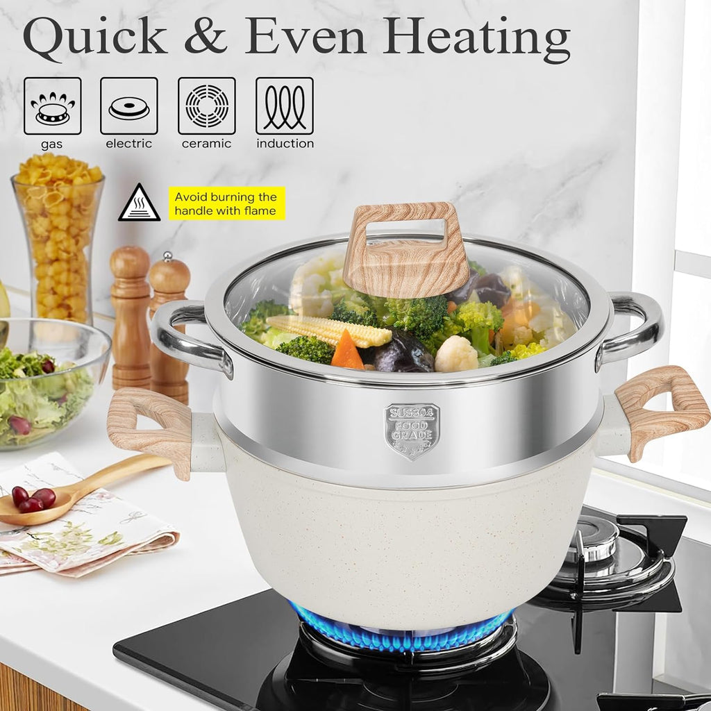 12 Pcs Pots and Pans Set Non Stick Kitchen Cookware Sets Nonstick Induction Cookware Black Granite Cooking Set with Frying Pans, Saucepans, Steamer Silicone Shovel Spoon & Tongs (NO PFOS, PFOA) - Grand Goldman