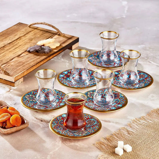 12 Piece Decorated Glass Tea Cup Set Turkish Style Includes Ceramic Coasters Ideal Gift for Tea Lovers Heat Resistant Long Lasting High Quality Glass Cups for Guests Special Occasions - Grand Goldman