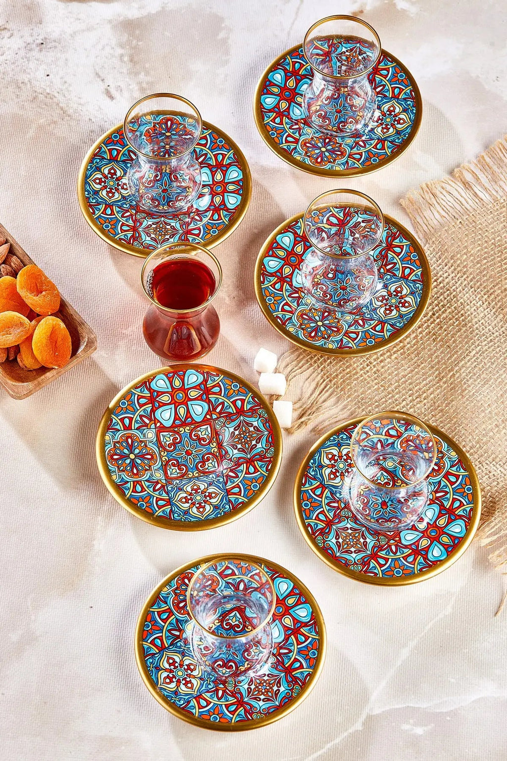 12 Piece Decorated Glass Tea Cup Set Turkish Style Includes Ceramic Coasters Ideal Gift for Tea Lovers Heat Resistant Long Lasting High Quality Glass Cups for Guests Special Occasions - Grand Goldman