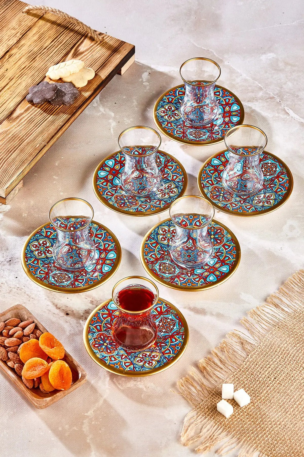 12 Piece Decorated Glass Tea Cup Set Turkish Style Includes Ceramic Coasters Ideal Gift for Tea Lovers Heat Resistant Long Lasting High Quality Glass Cups for Guests Special Occasions - Grand Goldman