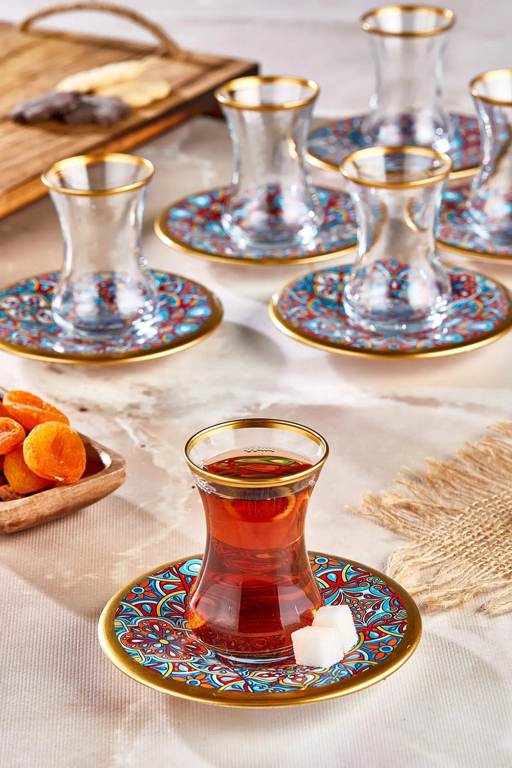 12 Piece Decorated Glass Tea Cup Set Turkish Style Includes Ceramic Coasters Ideal Gift for Tea Lovers Heat Resistant Long Lasting High Quality Glass Cups for Guests Special Occasions - Grand Goldman