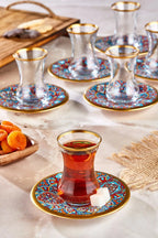 12 Piece Decorated Glass Tea Cup Set Turkish Style Includes Ceramic Coasters Ideal Gift for Tea Lovers Heat Resistant Long Lasting High Quality Glass Cups for Guests Special Occasions - Grand Goldman