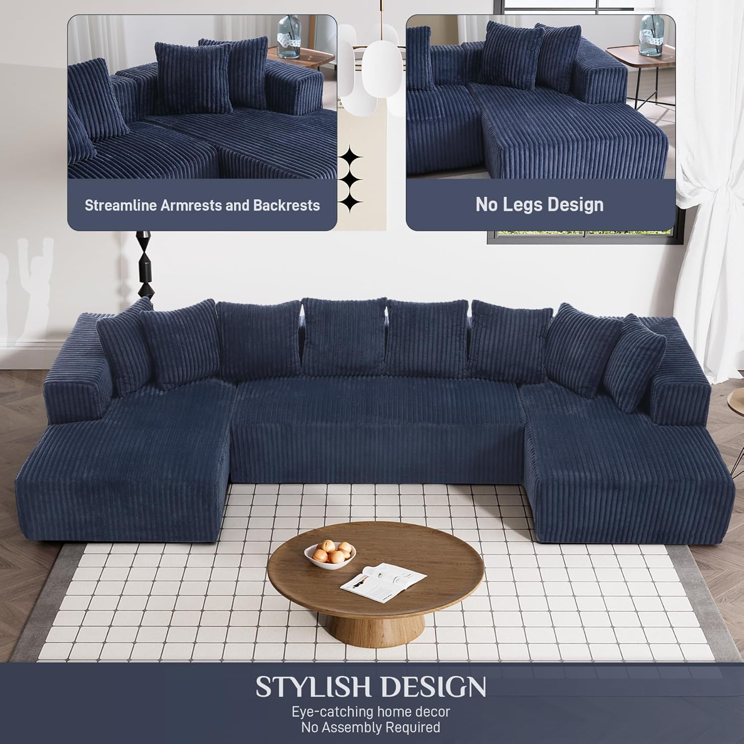 131" Modular Sectional Couch, Luxury Black Sectional Couches for Living Room, Comfy Corduroy Couch Sectional Sofa with Chaise Lounge, Free Combination Sleeper Sofa with Memory Foam, Black - Grand Goldman