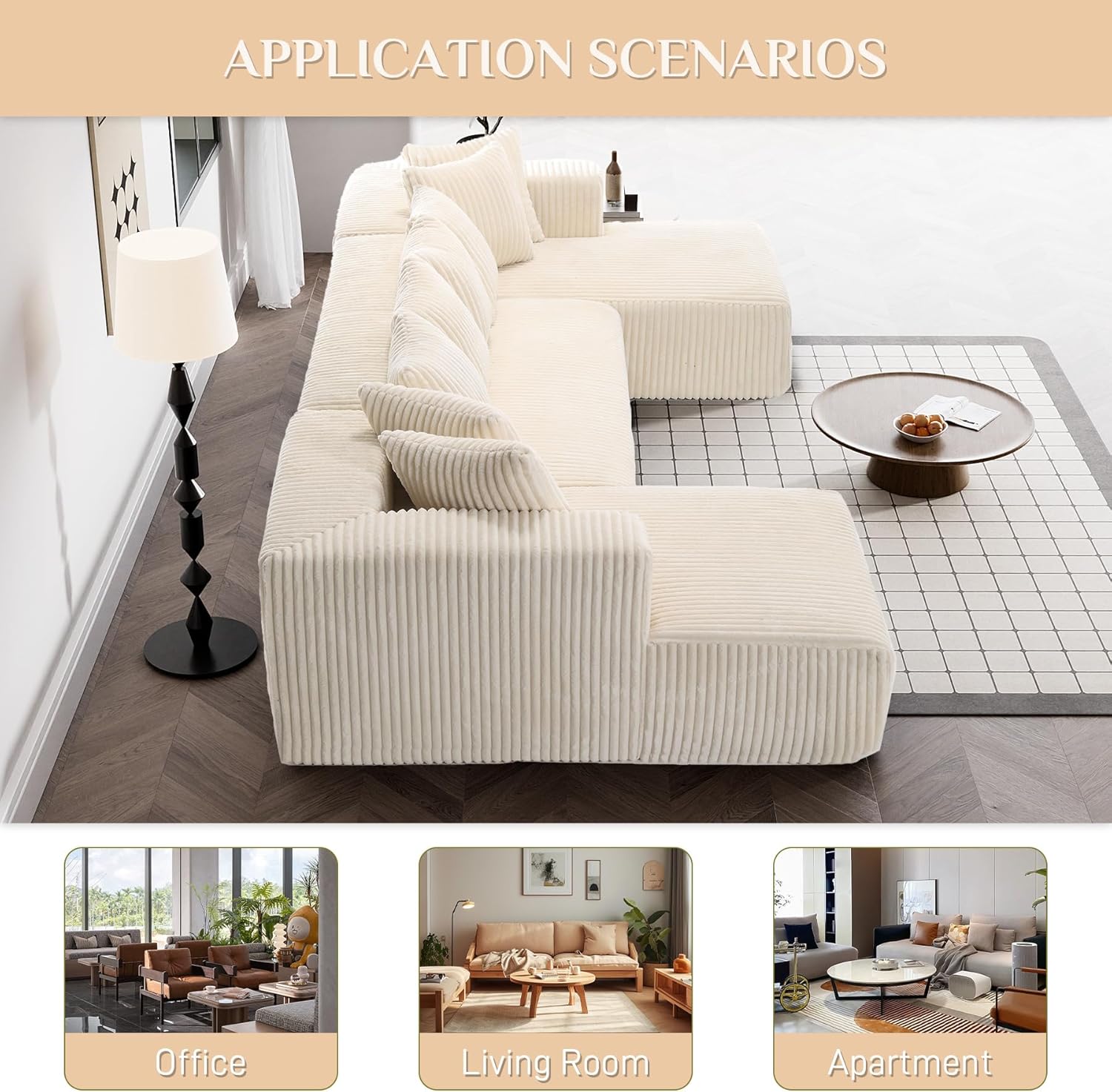 131" Modular Sectional Couch, Luxury Black Sectional Couches for Living Room, Comfy Corduroy Couch Sectional Sofa with Chaise Lounge, Free Combination Sleeper Sofa with Memory Foam, Black - Grand Goldman