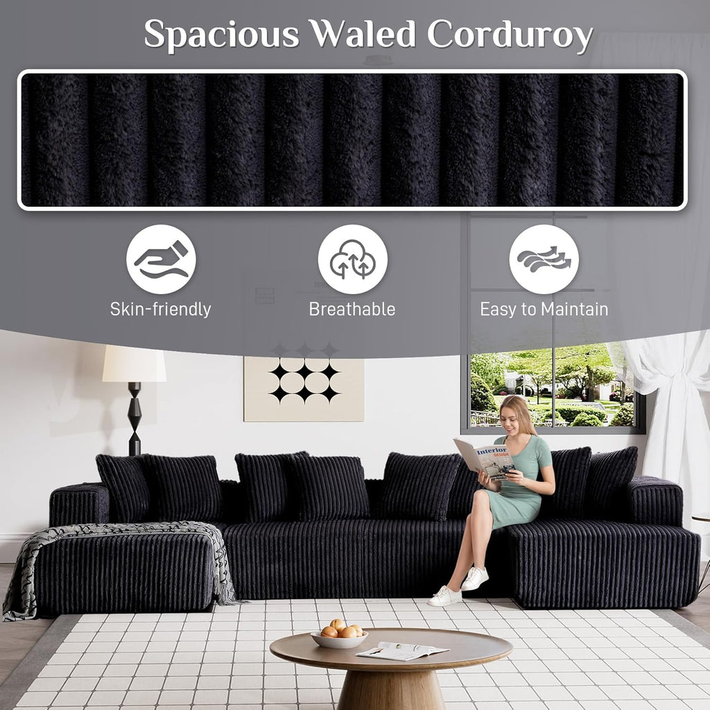 131" Modular Sectional Couch, Luxury Black Sectional Couches for Living Room, Comfy Corduroy Couch Sectional Sofa with Chaise Lounge, Free Combination Sleeper Sofa with Memory Foam, Black - Grand Goldman