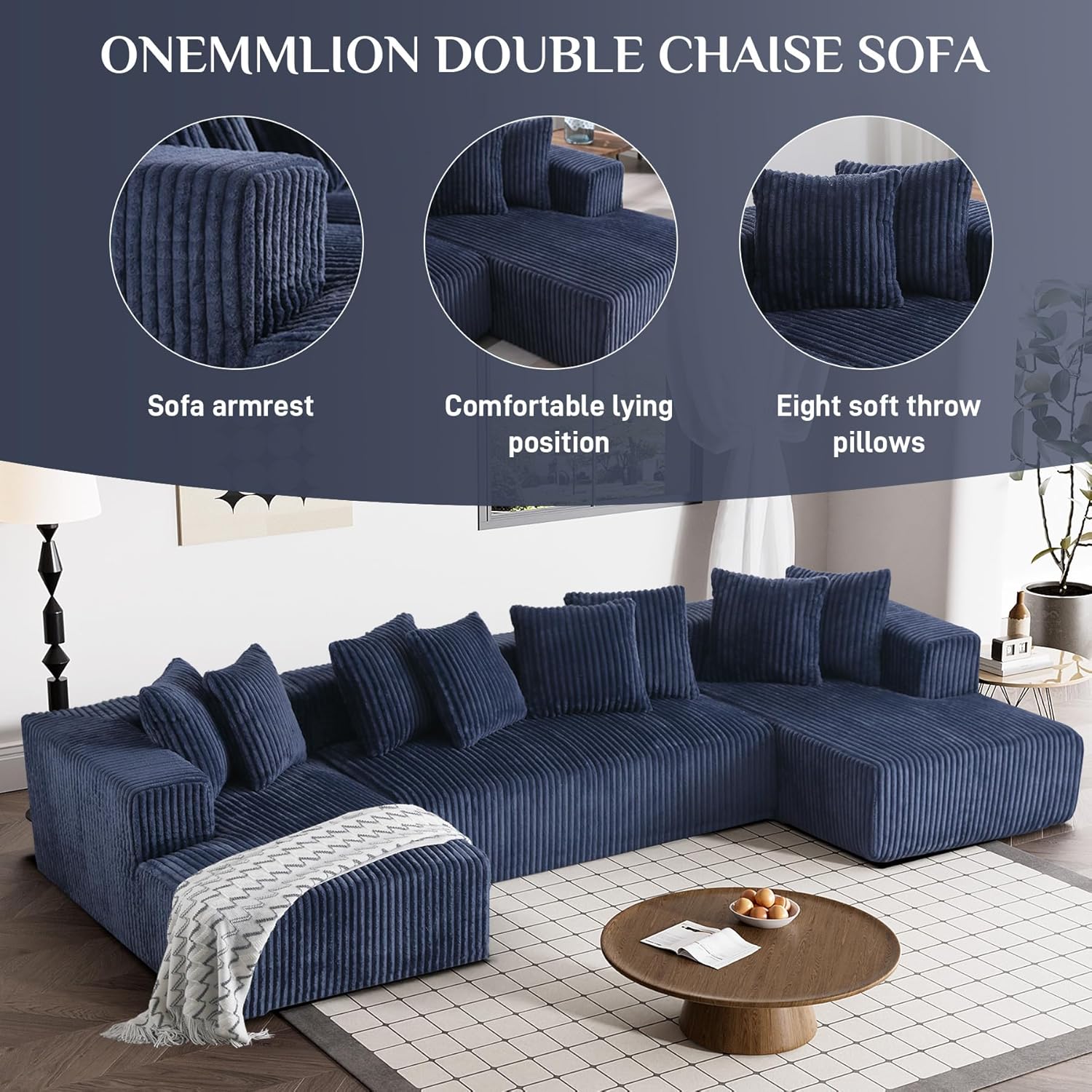 131" Modular Sectional Couch, Luxury Black Sectional Couches for Living Room, Comfy Corduroy Couch Sectional Sofa with Chaise Lounge, Free Combination Sleeper Sofa with Memory Foam, Black - Grand Goldman