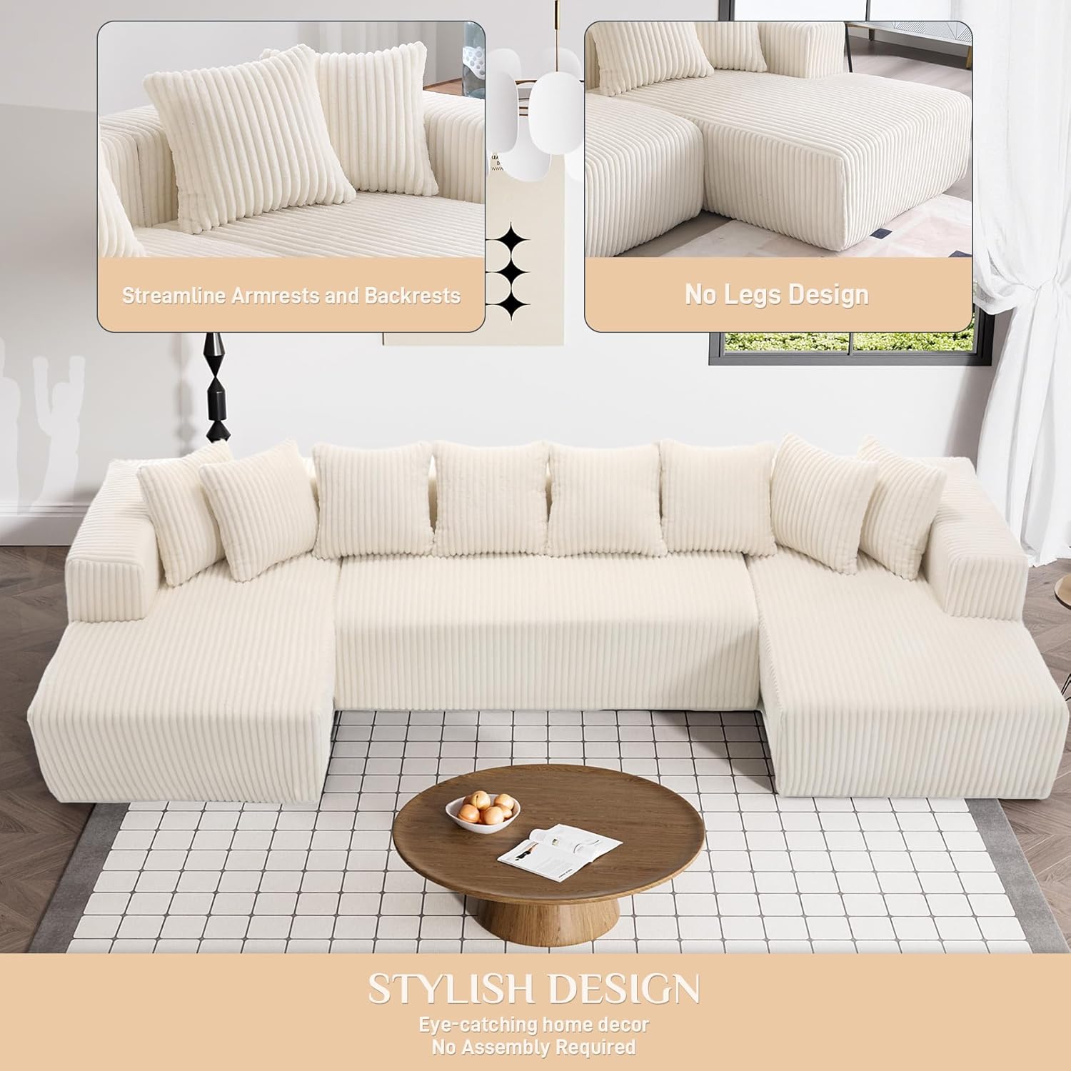 131" Modular Sectional Couch, Luxury Black Sectional Couches for Living Room, Comfy Corduroy Couch Sectional Sofa with Chaise Lounge, Free Combination Sleeper Sofa with Memory Foam, Black - Grand Goldman