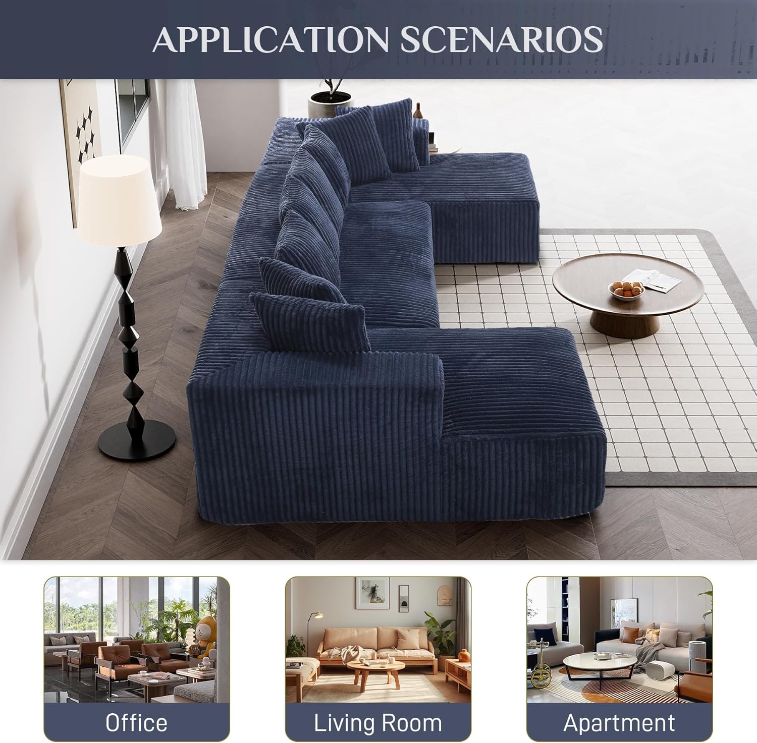 131" Modular Sectional Couch, Luxury Black Sectional Couches for Living Room, Comfy Corduroy Couch Sectional Sofa with Chaise Lounge, Free Combination Sleeper Sofa with Memory Foam, Black - Grand Goldman