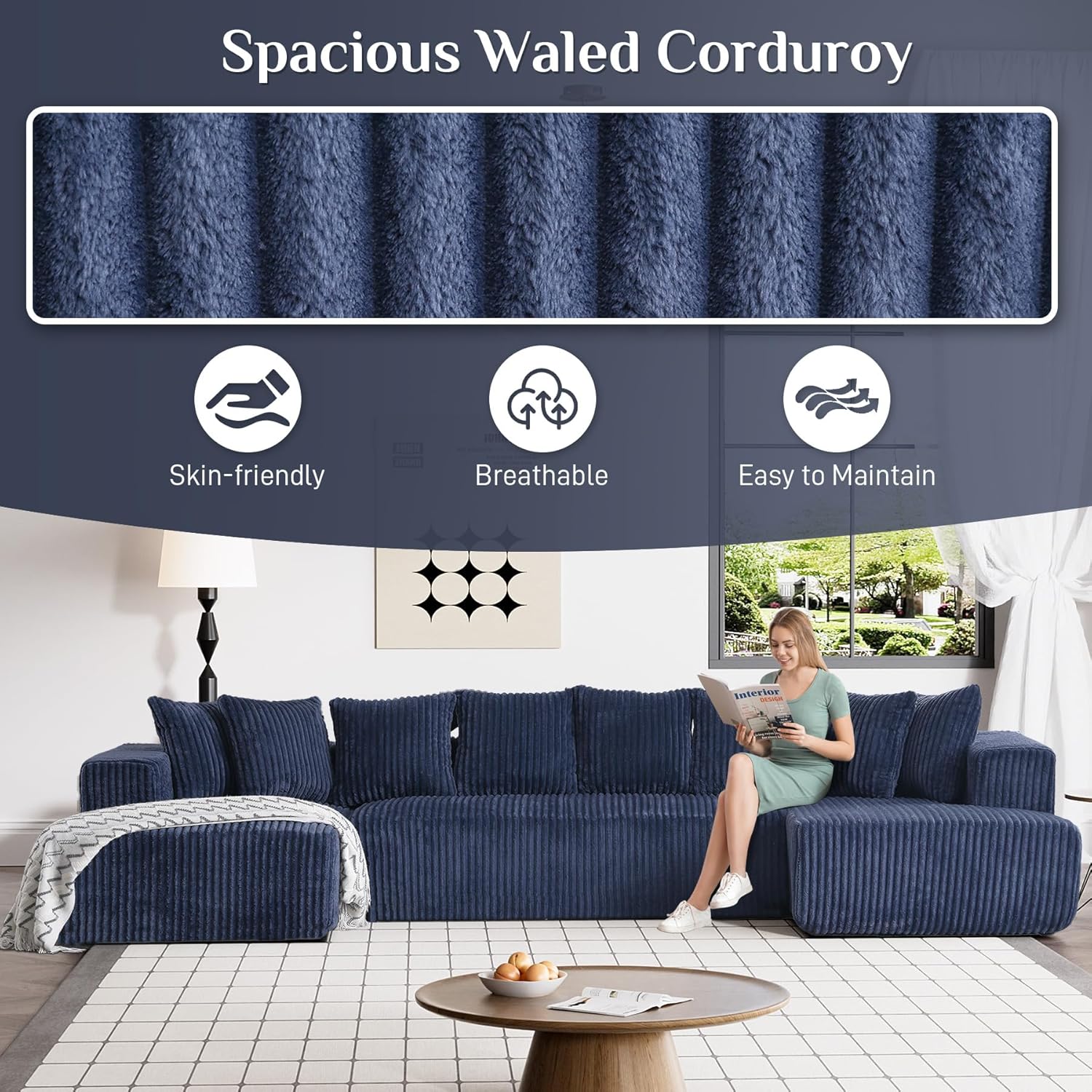 131" Modular Sectional Couch, Luxury Black Sectional Couches for Living Room, Comfy Corduroy Couch Sectional Sofa with Chaise Lounge, Free Combination Sleeper Sofa with Memory Foam, Black - Grand Goldman