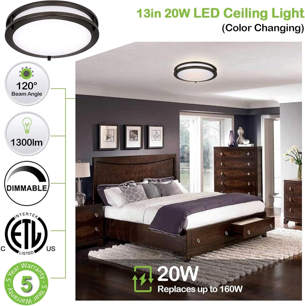 13 inch Flush Mount LED Ceiling Light Fixture, 2700K/3000K/3500K/4000K/5000K Adjustable Ceiling Lights, Oil Rubbed Bronze Saturn Dimmable Lighting for Bathroom Kitchen, ETL Listed - 2 Pack - Grand Goldman