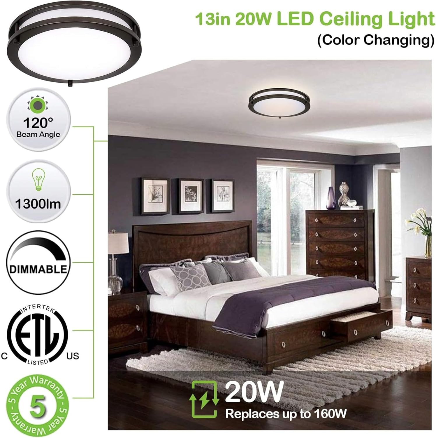 13 inch Flush Mount LED Ceiling Light Fixture, 2700K/3000K/3500K/4000K/5000K Adjustable Ceiling Lights, Oil Rubbed Bronze Saturn Dimmable Lighting for Bathroom Kitchen, ETL Listed - 2 Pack - Grand Goldman