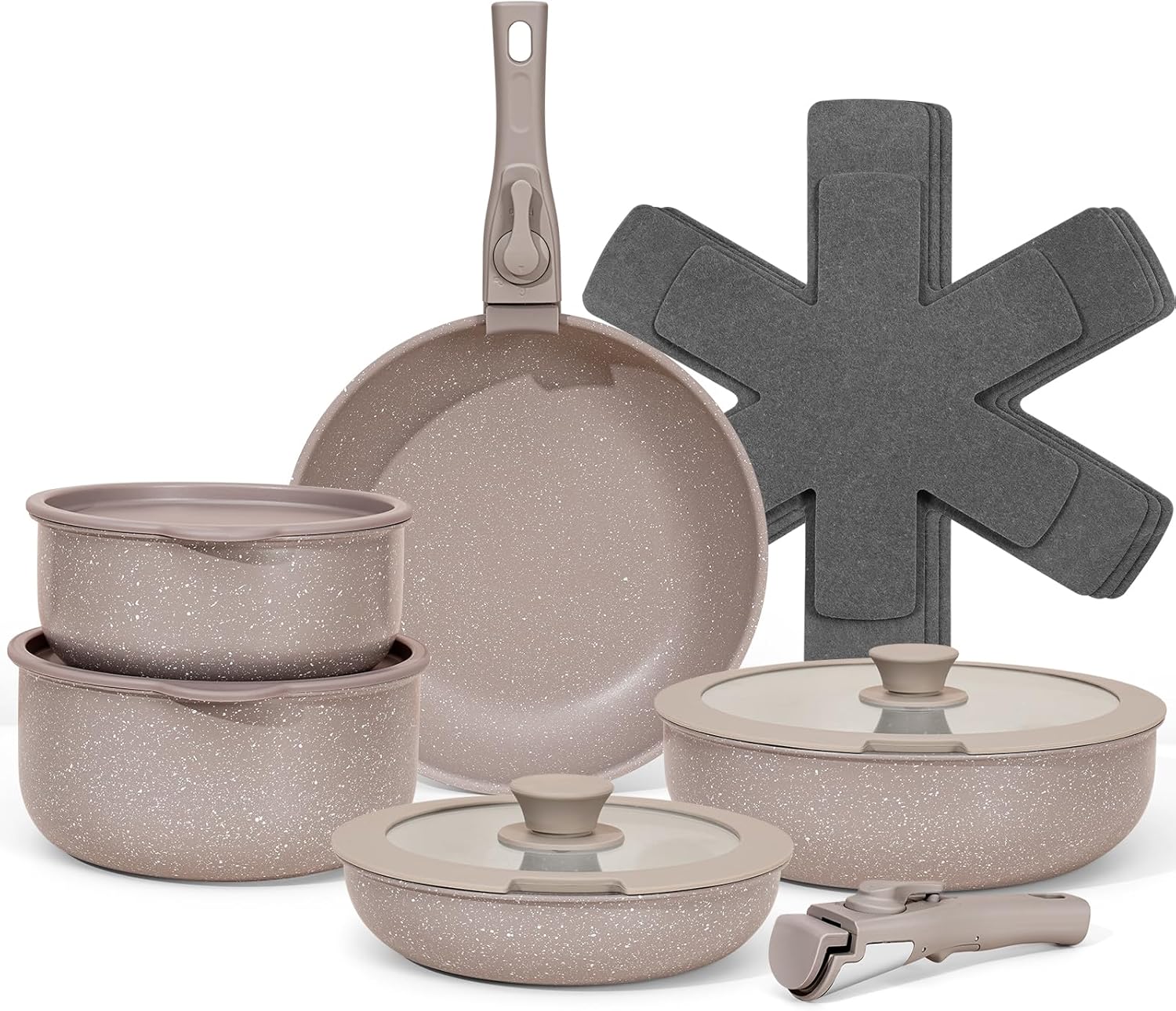 15Pcs Pots and Pans Set Non Stick, Cookware Sets with Detachable Handle, Nonstick RV Kitchen Cooking Set Removable Handles, Oven Safe, Induction Fast, Stackable Non-stick Set, Black - Grand Goldman