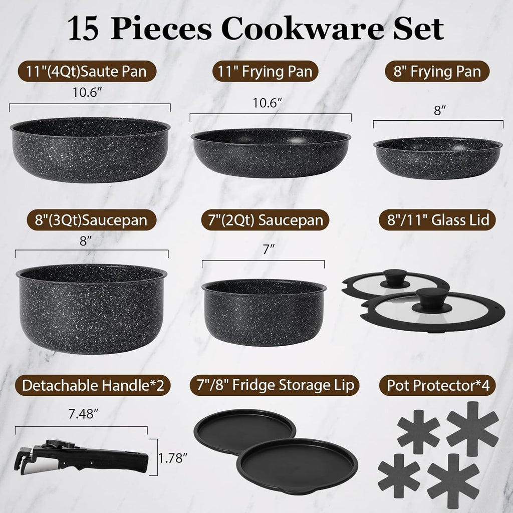 15Pcs Pots and Pans Set Non Stick, Cookware Sets with Detachable Handle, Nonstick RV Kitchen Cooking Set Removable Handles, Oven Safe, Induction Fast, Stackable Non-stick Set, Black - Grand Goldman