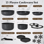 15Pcs Pots and Pans Set Non Stick, Cookware Sets with Detachable Handle, Nonstick RV Kitchen Cooking Set Removable Handles, Oven Safe, Induction Fast, Stackable Non-stick Set, Black - Grand Goldman
