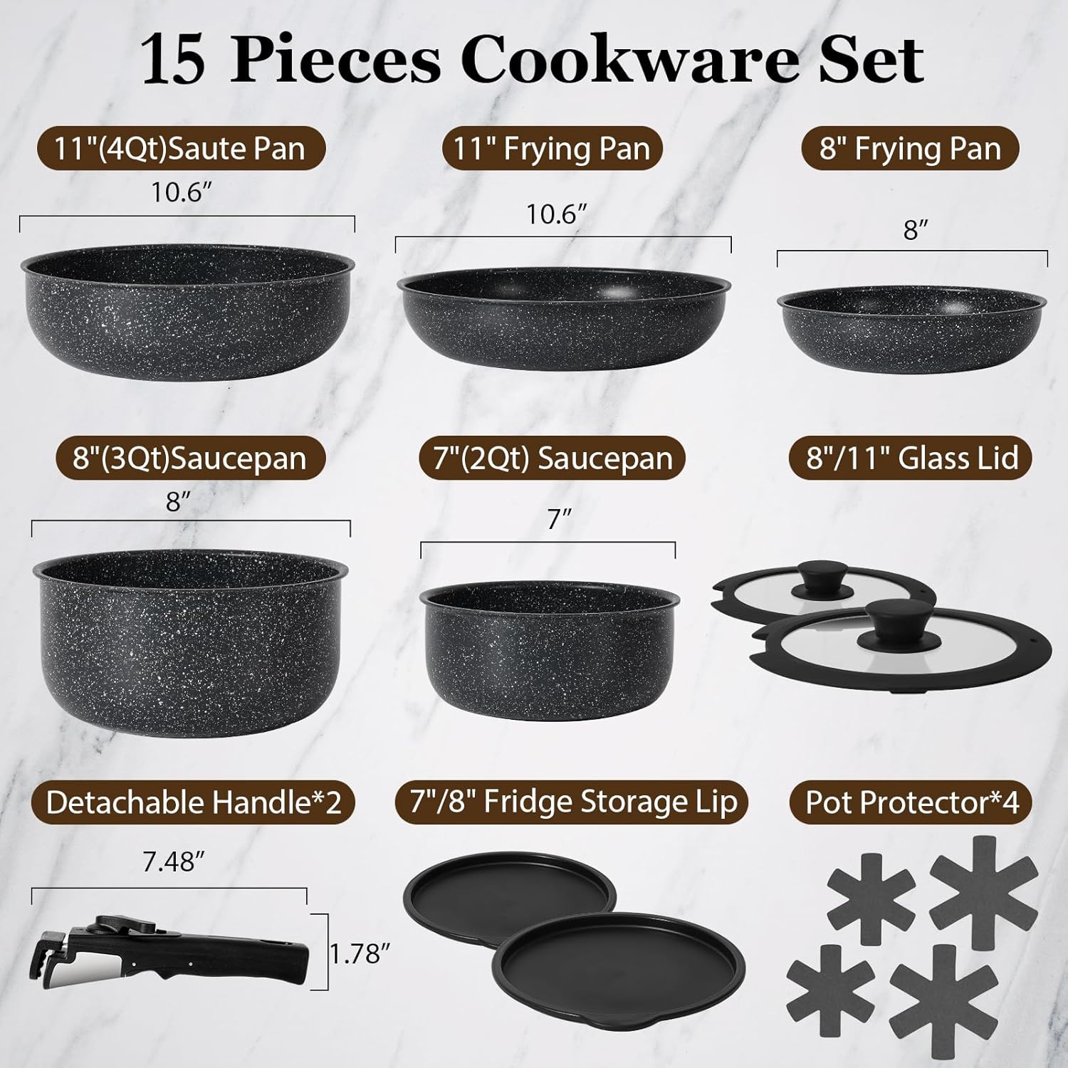 15Pcs Pots and Pans Set Non Stick, Cookware Sets with Detachable Handle, Nonstick RV Kitchen Cooking Set Removable Handles, Oven Safe, Induction Fast, Stackable Non-stick Set, Black - Grand Goldman