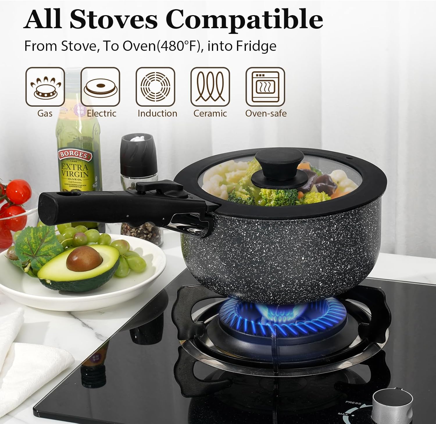 15Pcs Pots and Pans Set Non Stick, Cookware Sets with Detachable Handle, Nonstick RV Kitchen Cooking Set Removable Handles, Oven Safe, Induction Fast, Stackable Non-stick Set, Black - Grand Goldman