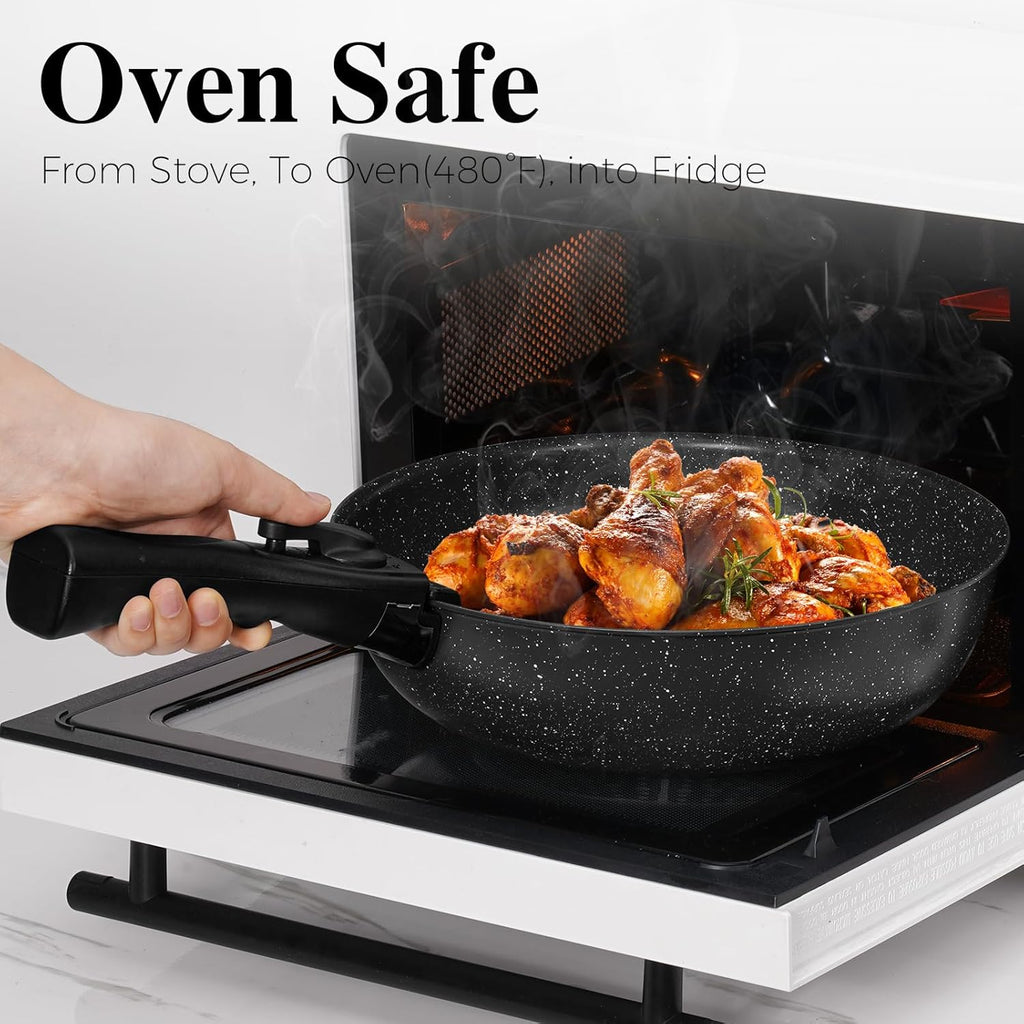 15Pcs Pots and Pans Set Non Stick, Cookware Sets with Detachable Handle, Nonstick RV Kitchen Cooking Set Removable Handles, Oven Safe, Induction Fast, Stackable Non-stick Set, Black - Grand Goldman