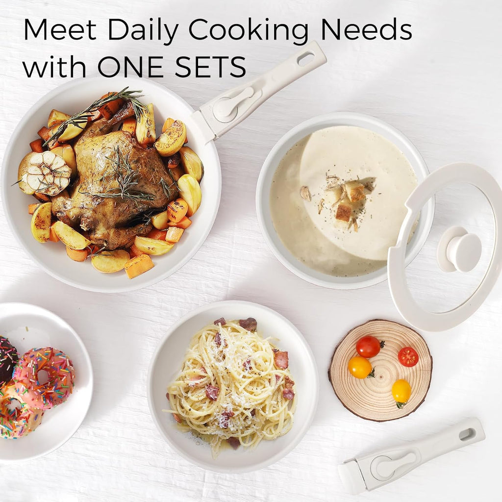 15Pcs Pots and Pans Set Non Stick, Cookware Sets with Detachable Handle, Nonstick RV Kitchen Cooking Set Removable Handles, Oven Safe, Induction Fast, Stackable Non-stick Set, Black - Grand Goldman