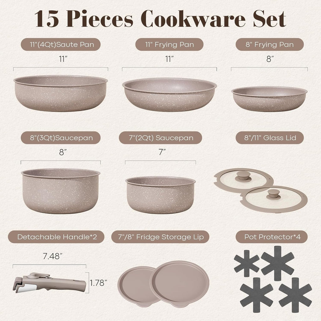 15Pcs Pots and Pans Set Non Stick, Cookware Sets with Detachable Handle, Nonstick RV Kitchen Cooking Set Removable Handles, Oven Safe, Induction Fast, Stackable Non-stick Set, Black - Grand Goldman