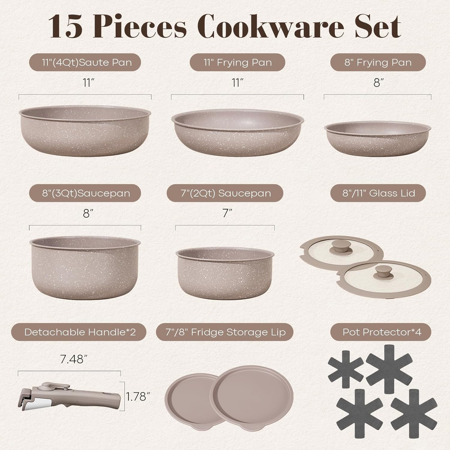 15Pcs Pots and Pans Set Non Stick, Cookware Sets with Detachable Handle, Nonstick RV Kitchen Cooking Set Removable Handles, Oven Safe, Induction Fast, Stackable Non-stick Set, Black - Grand Goldman