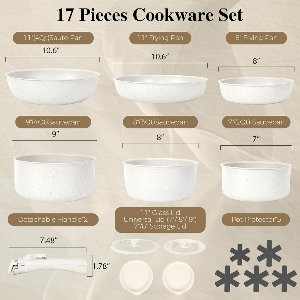 15Pcs Pots and Pans Set Non Stick, Cookware Sets with Detachable Handle, Nonstick RV Kitchen Cooking Set Removable Handles, Oven Safe, Induction Fast, Stackable Non-stick Set, Black - Grand Goldman