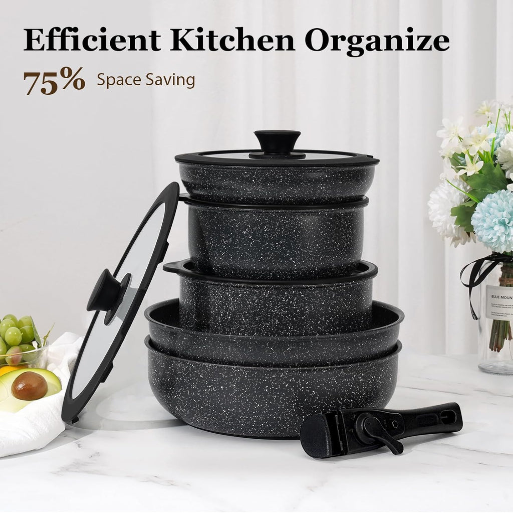 15Pcs Pots and Pans Set Non Stick, Cookware Sets with Detachable Handle, Nonstick RV Kitchen Cooking Set Removable Handles, Oven Safe, Induction Fast, Stackable Non-stick Set, Black - Grand Goldman