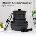 15Pcs Pots and Pans Set Non Stick, Cookware Sets with Detachable Handle, Nonstick RV Kitchen Cooking Set Removable Handles, Oven Safe, Induction Fast, Stackable Non-stick Set, Black - Grand Goldman