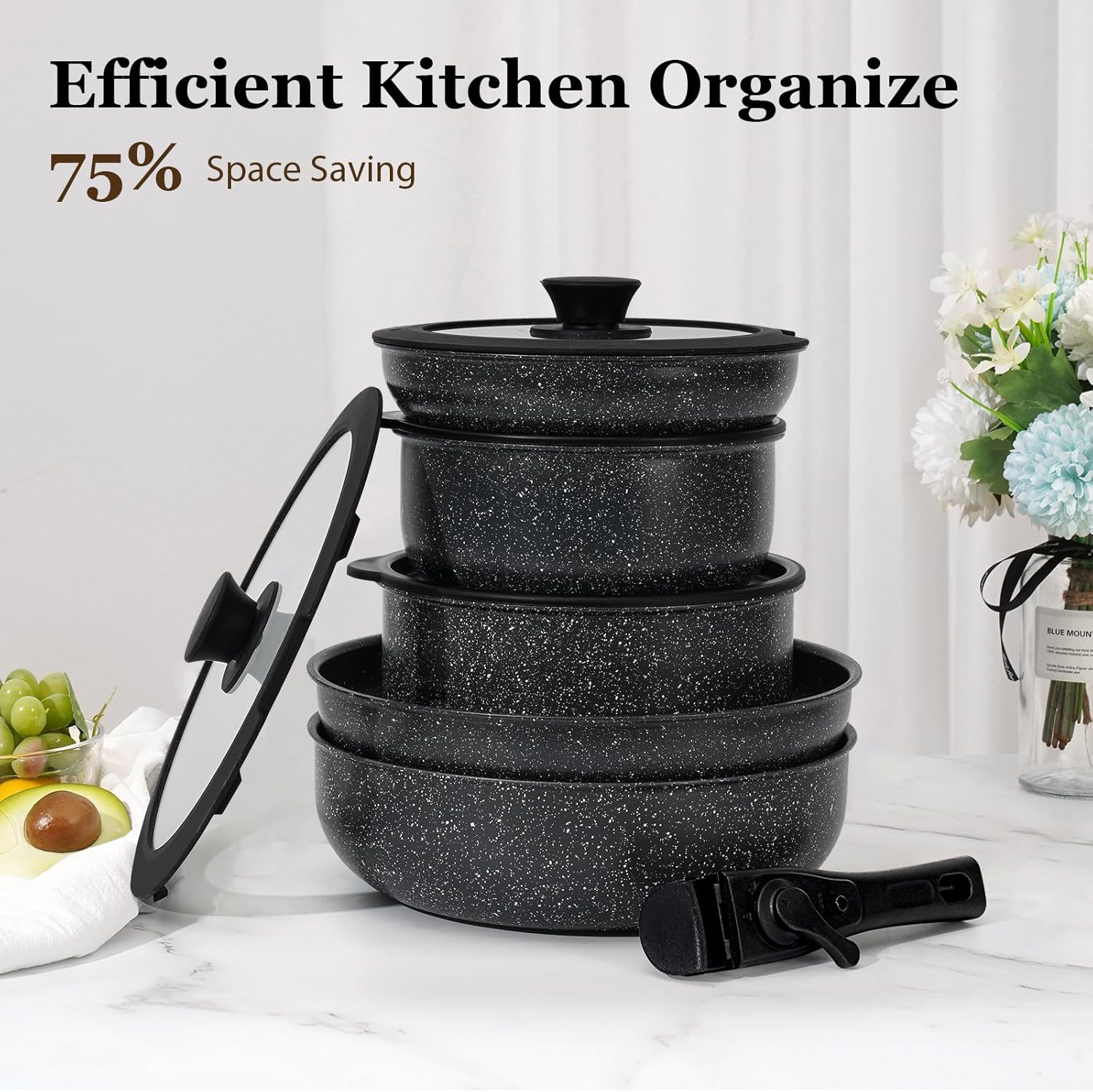 15Pcs Pots and Pans Set Non Stick, Cookware Sets with Detachable Handle, Nonstick RV Kitchen Cooking Set Removable Handles, Oven Safe, Induction Fast, Stackable Non-stick Set, Black - Grand Goldman