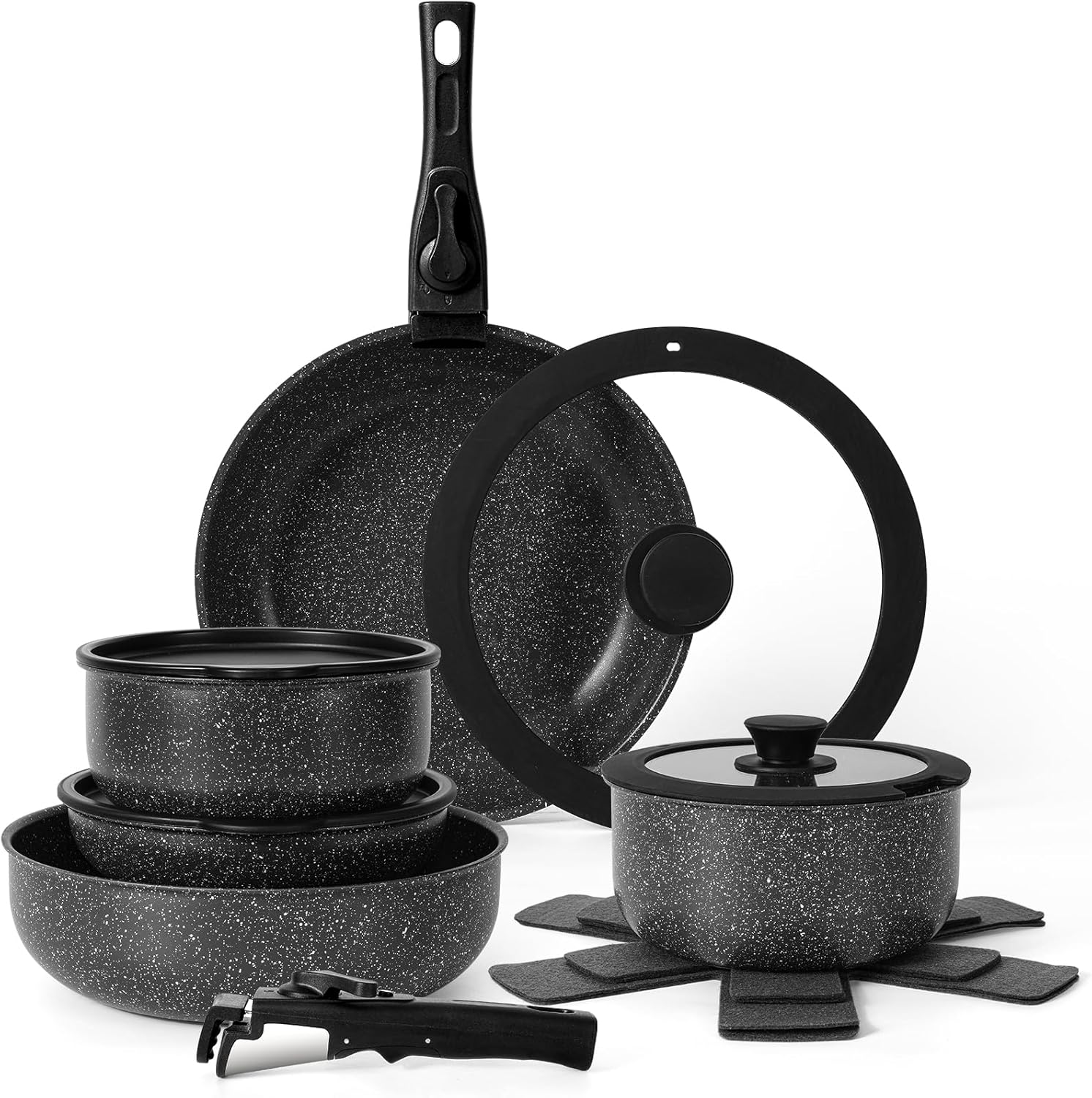 15Pcs Pots and Pans Set Non Stick, Cookware Sets with Detachable Handle, Nonstick RV Kitchen Cooking Set Removable Handles, Oven Safe, Induction Fast, Stackable Non-stick Set, Black - Grand Goldman