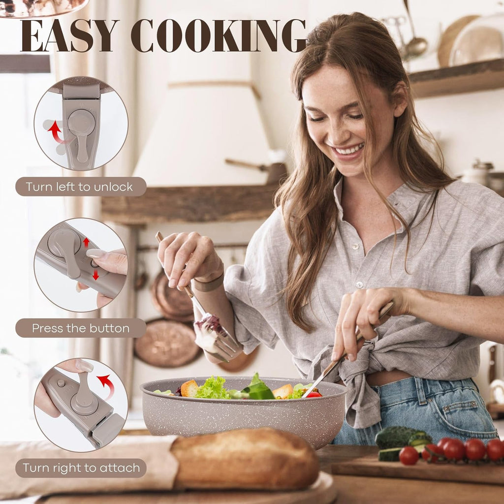 15Pcs Pots and Pans Set Non Stick, Cookware Sets with Detachable Handle, Nonstick RV Kitchen Cooking Set Removable Handles, Oven Safe, Induction Fast, Stackable Non-stick Set, Black - Grand Goldman