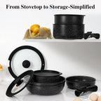 15Pcs Pots and Pans Set Non Stick, Cookware Sets with Detachable Handle, Nonstick RV Kitchen Cooking Set Removable Handles, Oven Safe, Induction Fast, Stackable Non-stick Set, Black - Grand Goldman