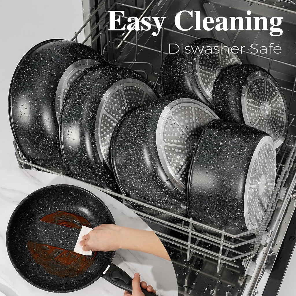 15Pcs Pots and Pans Set Non Stick, Cookware Sets with Detachable Handle, Nonstick RV Kitchen Cooking Set Removable Handles, Oven Safe, Induction Fast, Stackable Non-stick Set, Black - Grand Goldman