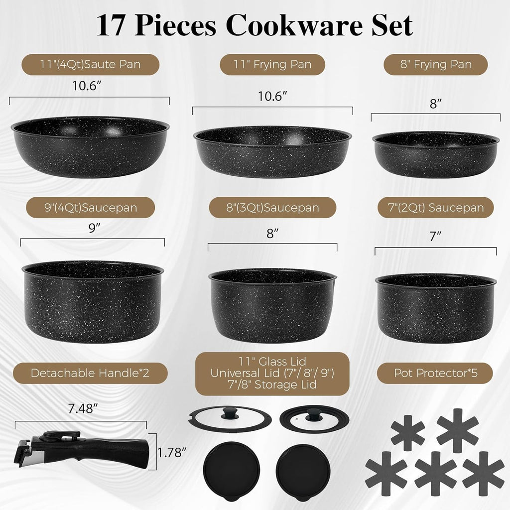 15Pcs Pots and Pans Set Non Stick, Cookware Sets with Detachable Handle, Nonstick RV Kitchen Cooking Set Removable Handles, Oven Safe, Induction Fast, Stackable Non-stick Set, Black - Grand Goldman