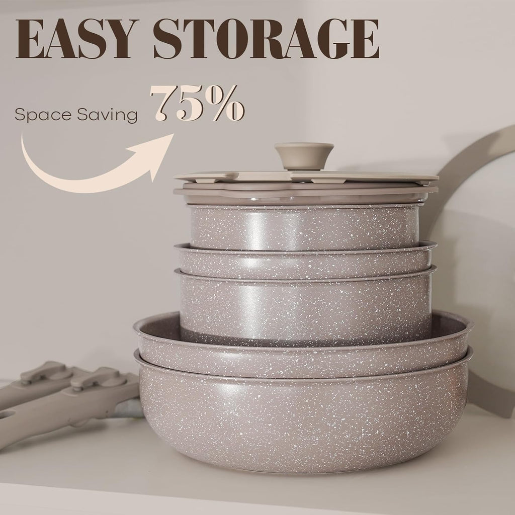 15Pcs Pots and Pans Set Non Stick, Cookware Sets with Detachable Handle, Nonstick RV Kitchen Cooking Set Removable Handles, Oven Safe, Induction Fast, Stackable Non-stick Set, Black - Grand Goldman