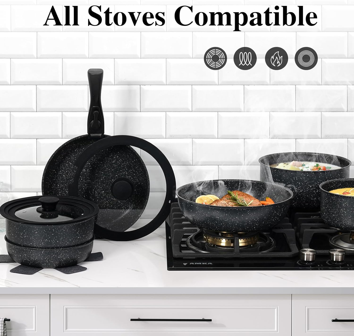 15Pcs Pots and Pans Set Non Stick, Cookware Sets with Detachable Handle, Nonstick RV Kitchen Cooking Set Removable Handles, Oven Safe, Induction Fast, Stackable Non-stick Set, Black - Grand Goldman