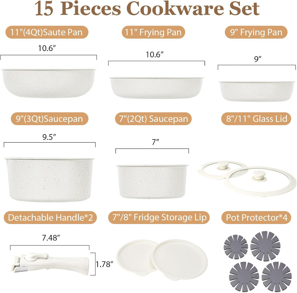 15Pcs Pots and Pans Set Non Stick, Cookware Sets with Detachable Handle, Nonstick RV Kitchen Cooking Set Removable Handles, Oven Safe, Induction Fast, Stackable Non-stick Set, Black - Grand Goldman