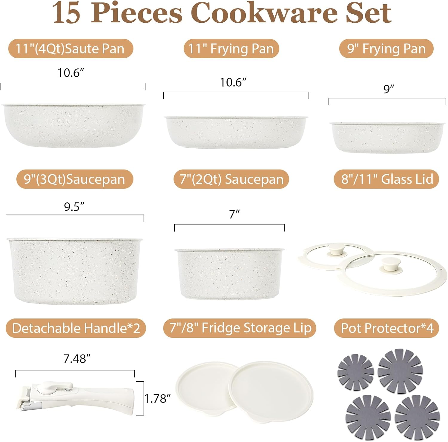 15Pcs Pots and Pans Set Non Stick, Cookware Sets with Detachable Handle, Nonstick RV Kitchen Cooking Set Removable Handles, Oven Safe, Induction Fast, Stackable Non-stick Set, Black - Grand Goldman