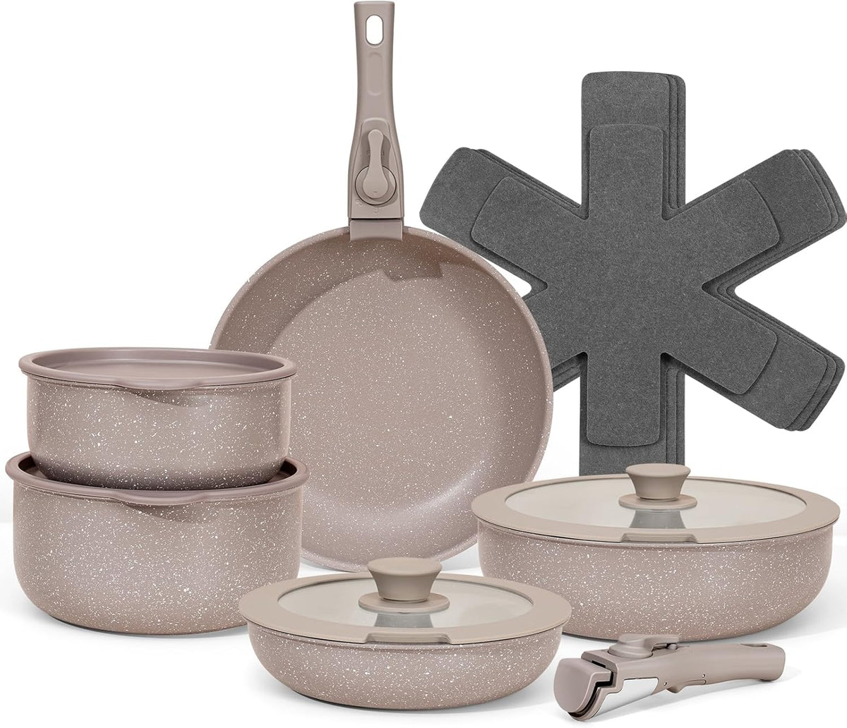 15Pcs Pots and Pans Set Non Stick, Cookware Sets with Detachable Handle, Nonstick RV Kitchen Cooking Set Removable Handles, Oven Safe, Induction Fast, Stackable Non-stick Set, Black - Grand Goldman