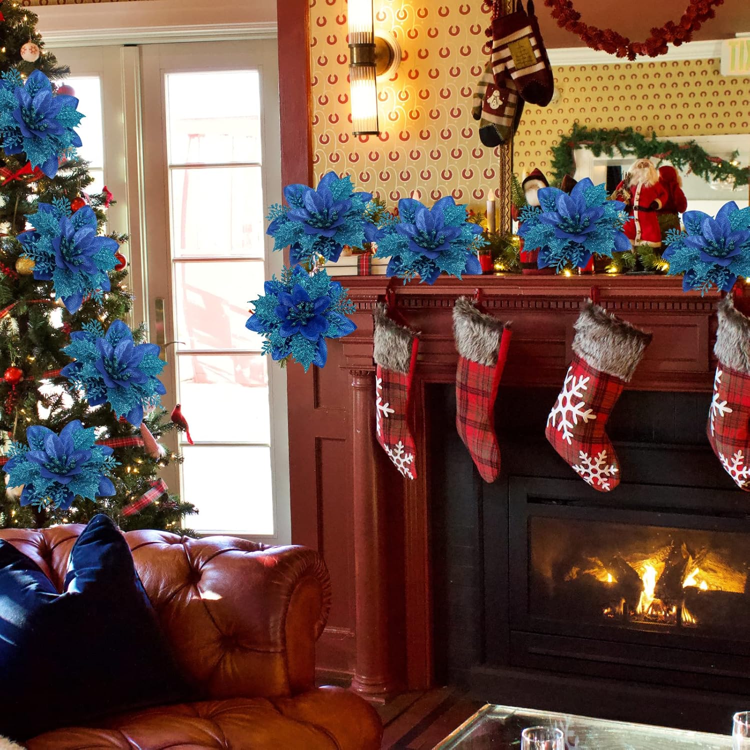 15 PCS Red Poinsettia Flower Artificial Poinsettia with Clips Christmas Decor Glitter Poinsettia Christmas Ornaments Christmas Tree Flower Decoration with Stems DIY Xmas Wreath Holiday Party Decor - Grand Goldman