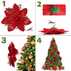 15 PCS Red Poinsettia Flower Artificial Poinsettia with Clips Christmas Decor Glitter Poinsettia Christmas Ornaments Christmas Tree Flower Decoration with Stems DIY Xmas Wreath Holiday Party Decor - Grand Goldman