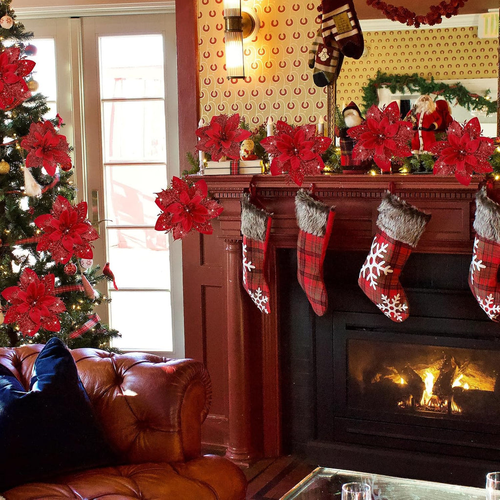 15 PCS Red Poinsettia Flower Artificial Poinsettia with Clips Christmas Decor Glitter Poinsettia Christmas Ornaments Christmas Tree Flower Decoration with Stems DIY Xmas Wreath Holiday Party Decor - Grand Goldman