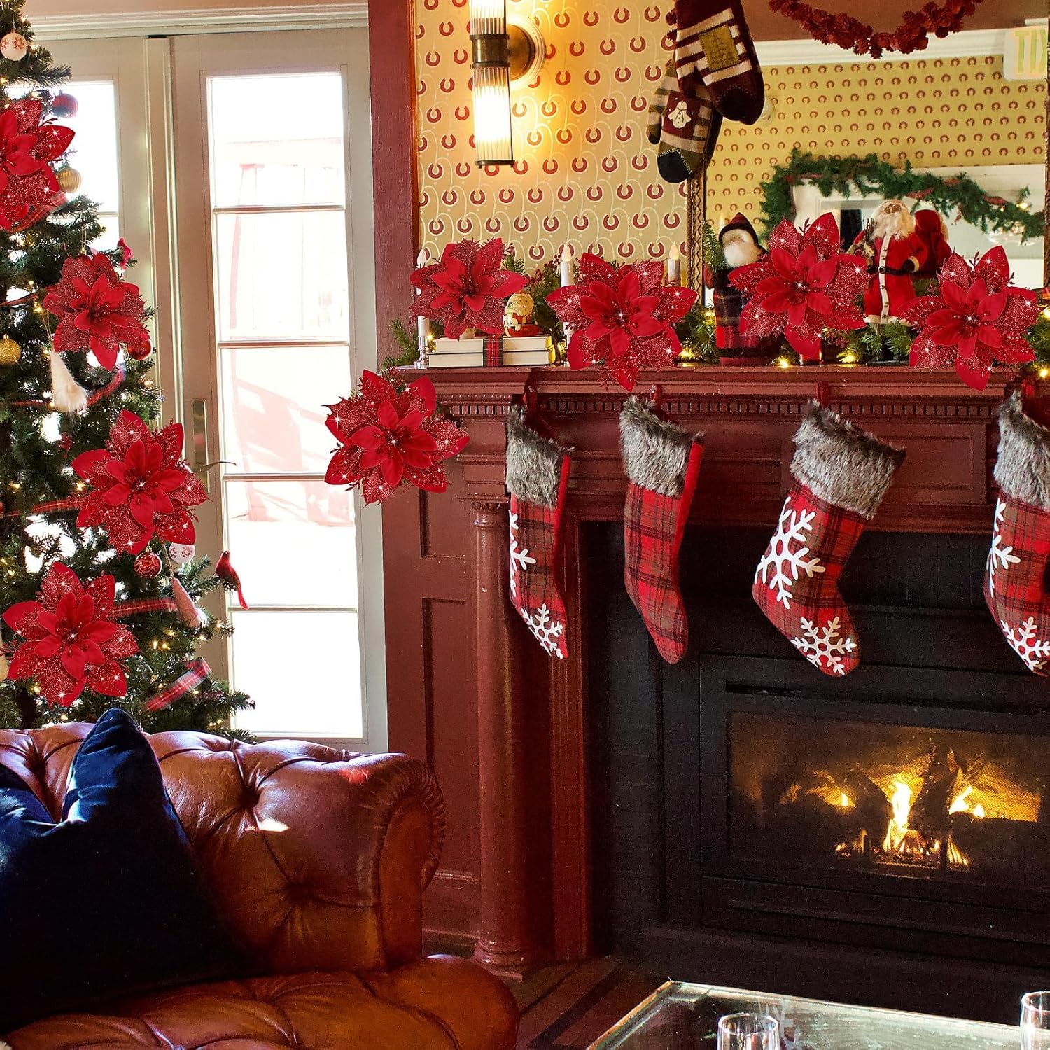 15 PCS Red Poinsettia Flower Artificial Poinsettia with Clips Christmas Decor Glitter Poinsettia Christmas Ornaments Christmas Tree Flower Decoration with Stems DIY Xmas Wreath Holiday Party Decor - Grand Goldman