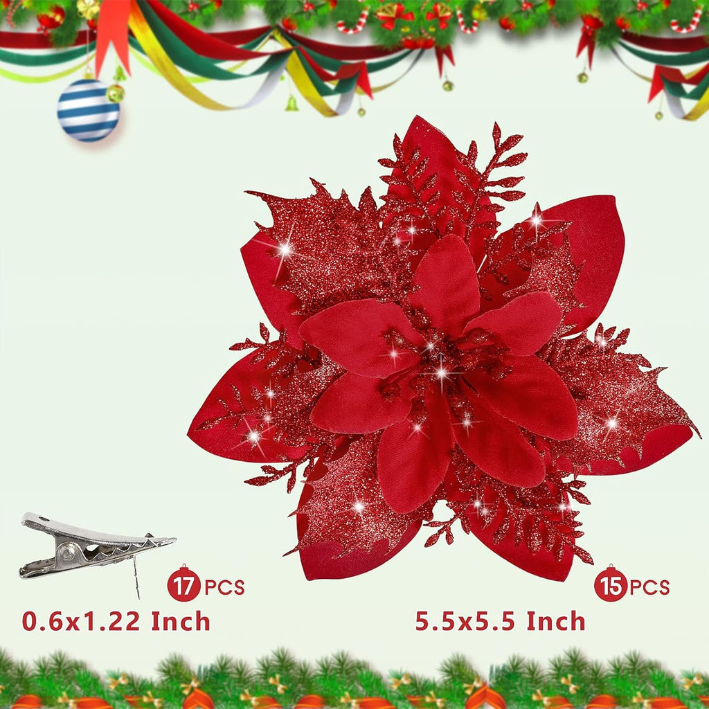 15 PCS Red Poinsettia Flower Artificial Poinsettia with Clips Christmas Decor Glitter Poinsettia Christmas Ornaments Christmas Tree Flower Decoration with Stems DIY Xmas Wreath Holiday Party Decor - Grand Goldman
