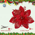15 PCS Red Poinsettia Flower Artificial Poinsettia with Clips Christmas Decor Glitter Poinsettia Christmas Ornaments Christmas Tree Flower Decoration with Stems DIY Xmas Wreath Holiday Party Decor - Grand Goldman